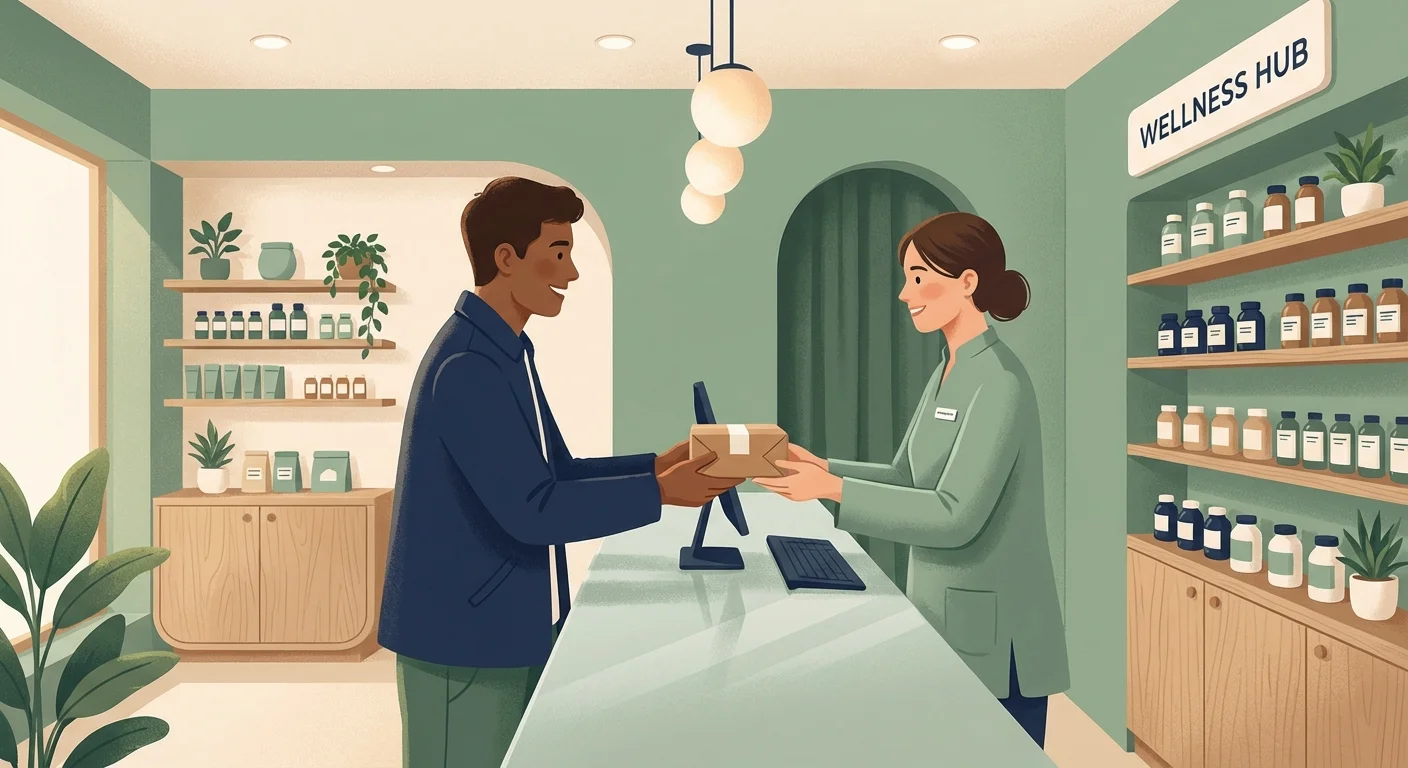 A person receiving their prescription at a modern pharmacy, symbolizing Part D coverage.