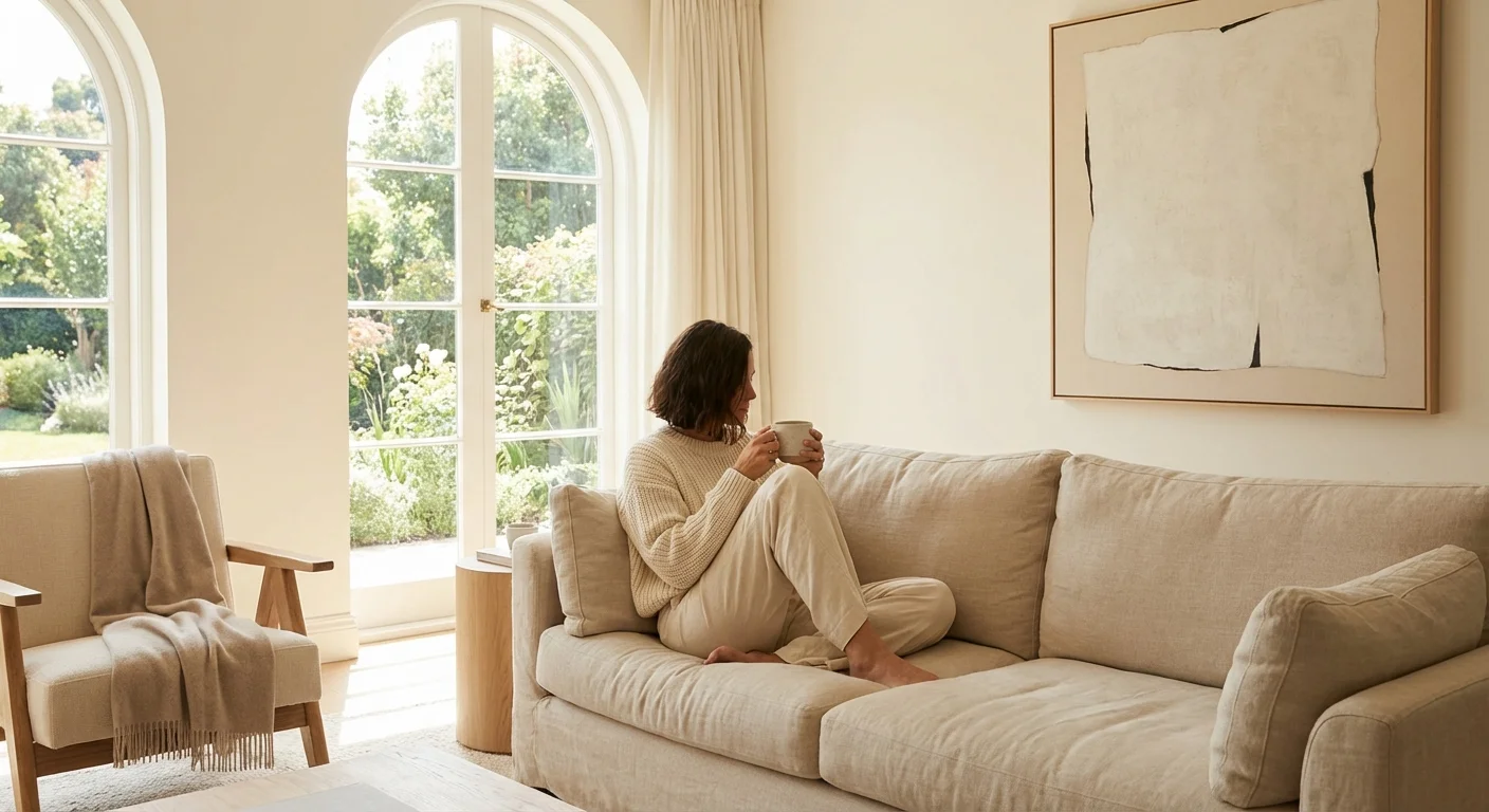 A person relaxing on a sofa in a bright room, enjoying a quiet moment of peace.