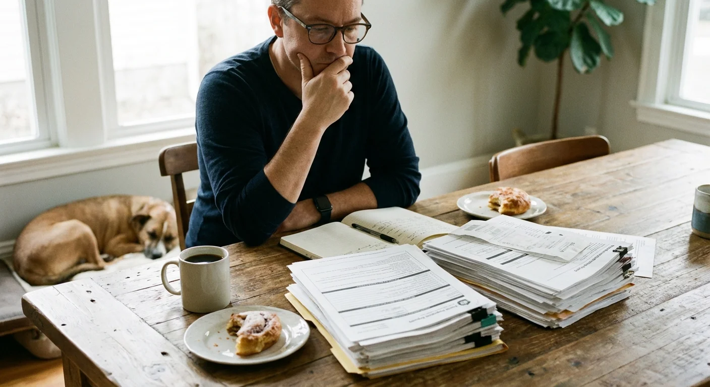 A person reviewing home documents and receipts at a wooden table.