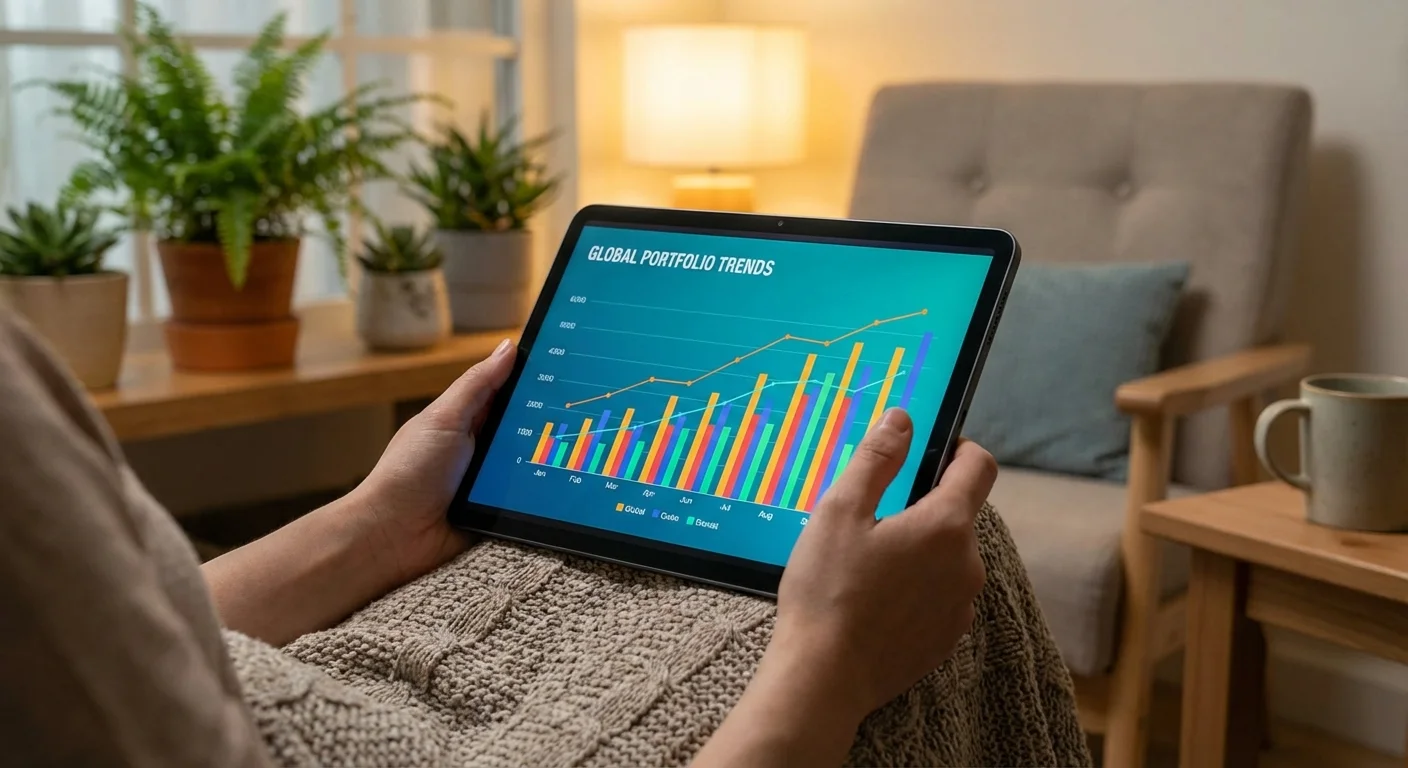 A person reviewing investment charts on a tablet in a comfortable, sunlit home setting.