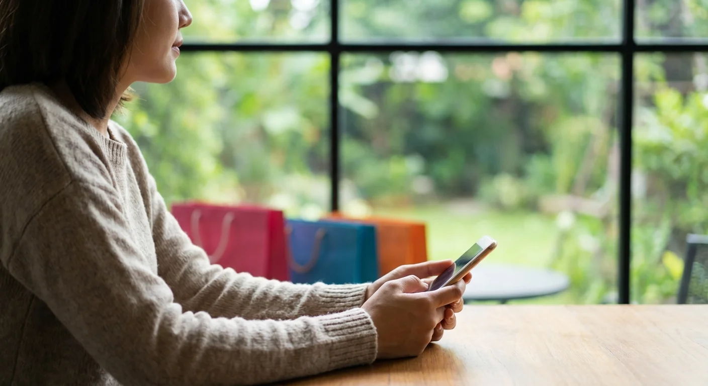 A person staying focused on their goals while ignoring blurred shopping bags in the background.