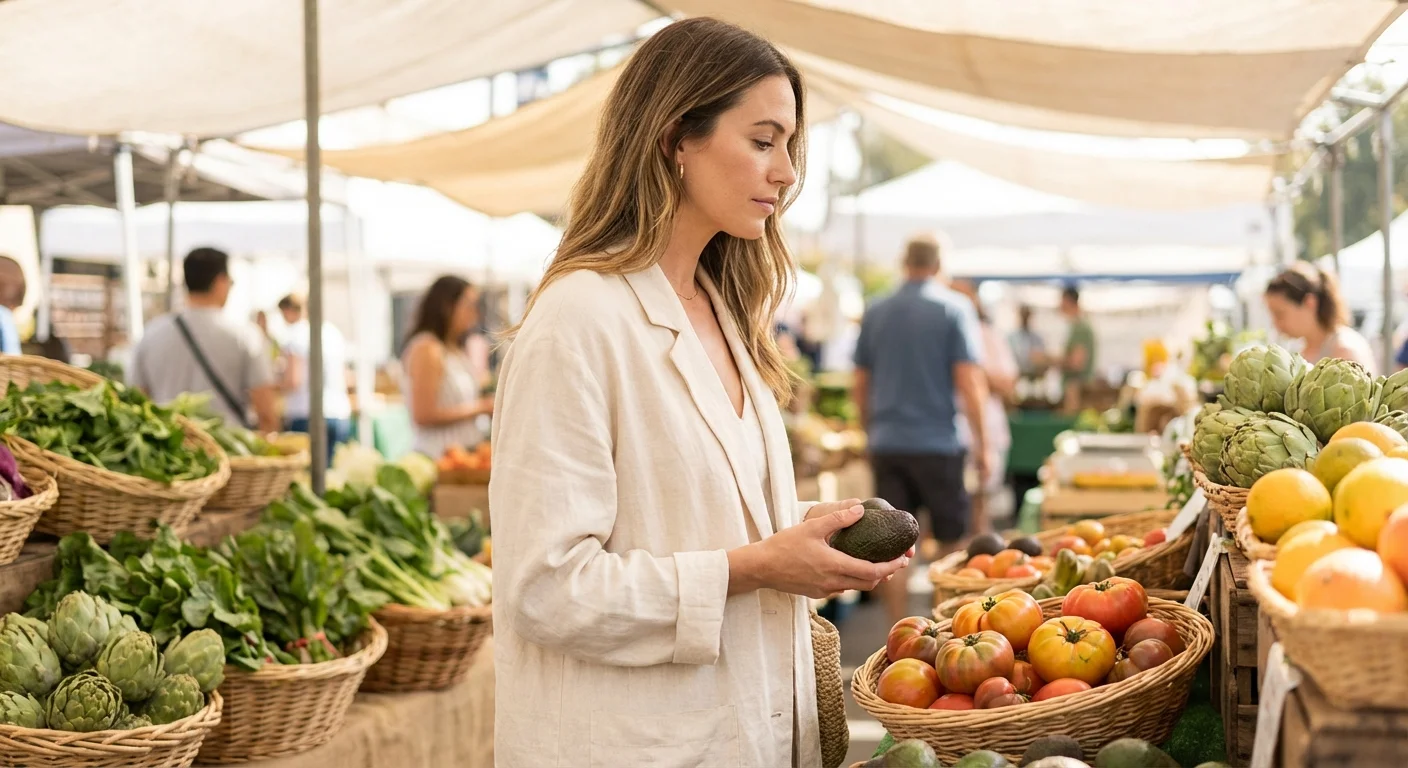 A person thoughtfully choosing fresh produce at a bright outdoor market.