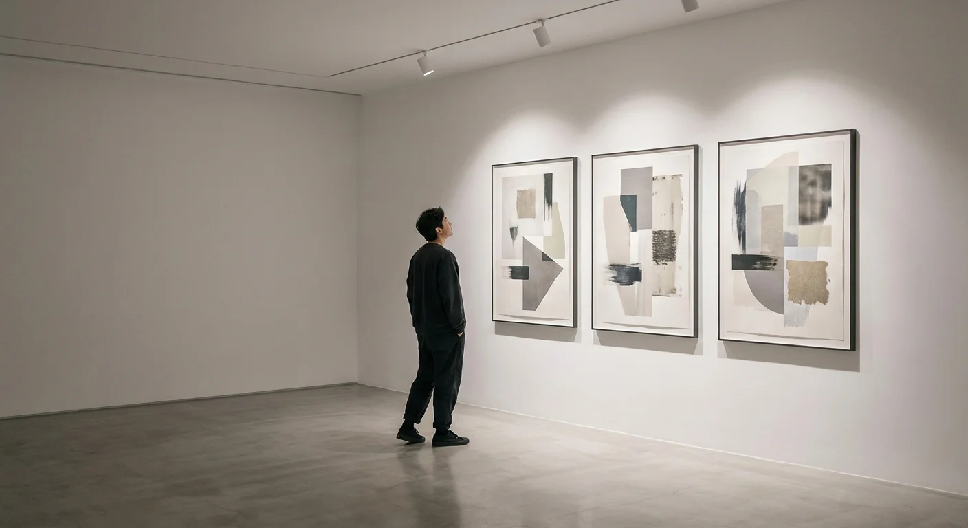A person thoughtfully looking at various frames in a minimalist gallery.