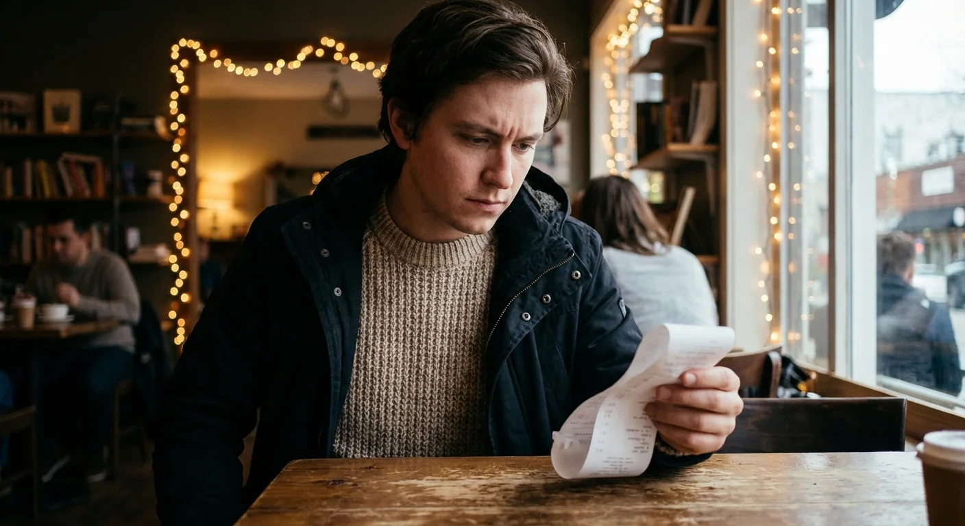 A person thoughtfully reviewing a receipt while sitting in a cafe.