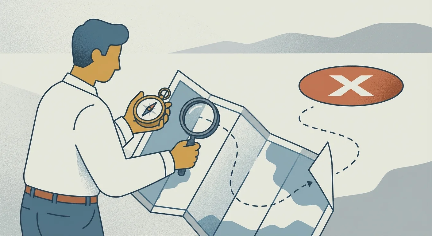 A person using a compass to navigate around a symbolic pitfall on a map.