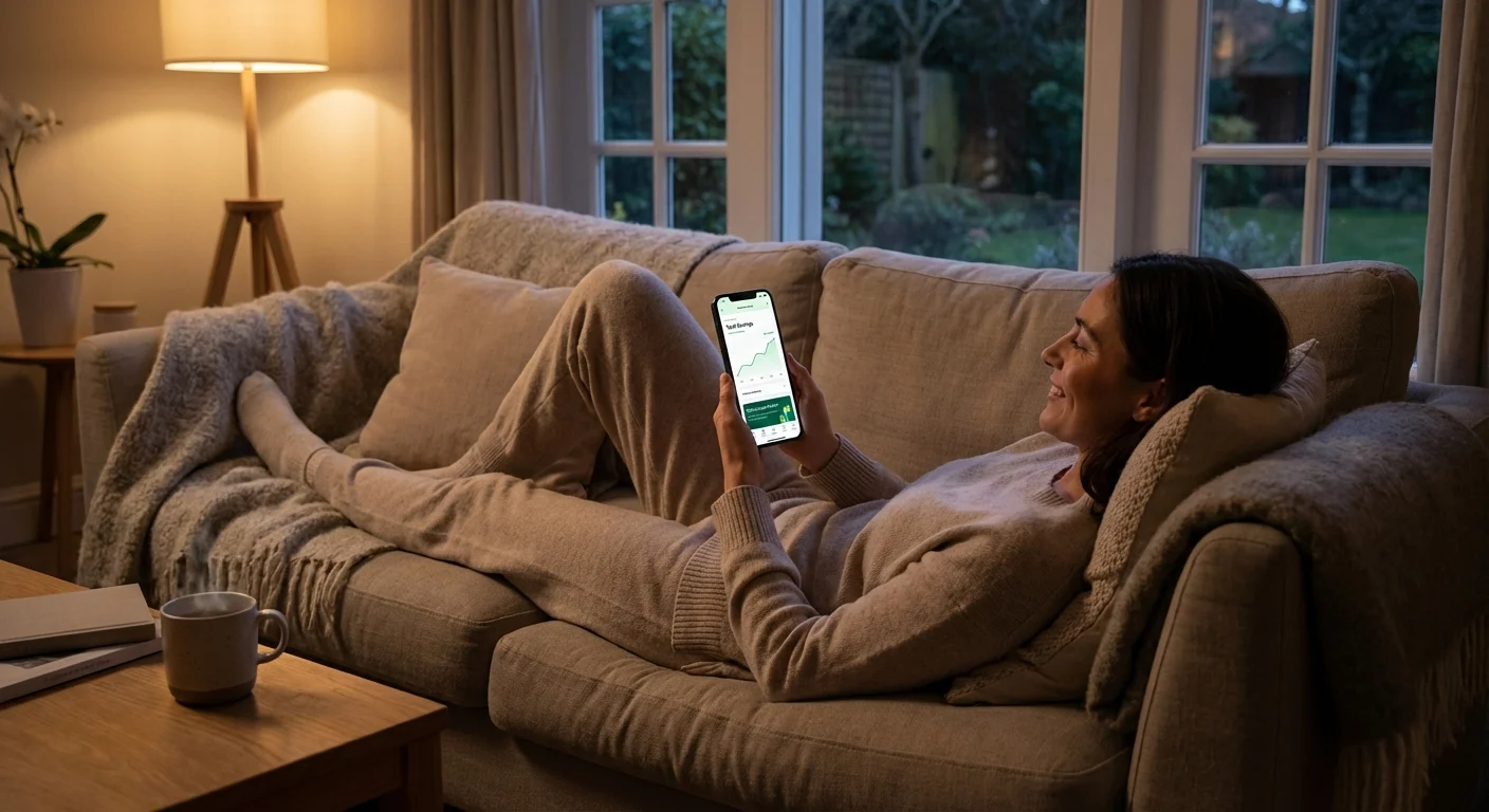 A person using a smartphone while relaxing on a sofa in a cozy living room.