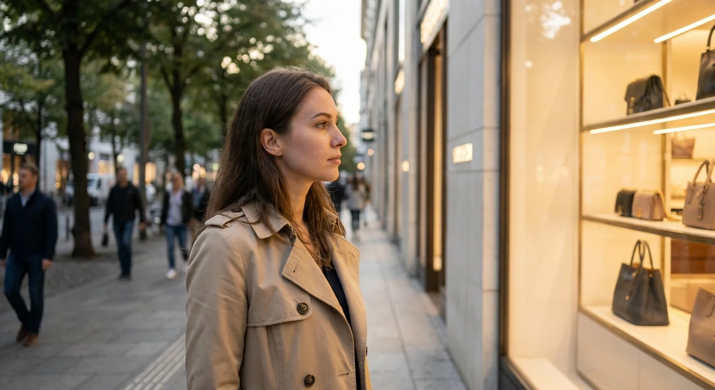 A person walking past a luxury store, choosing to stay focused on their long-term financial goals.