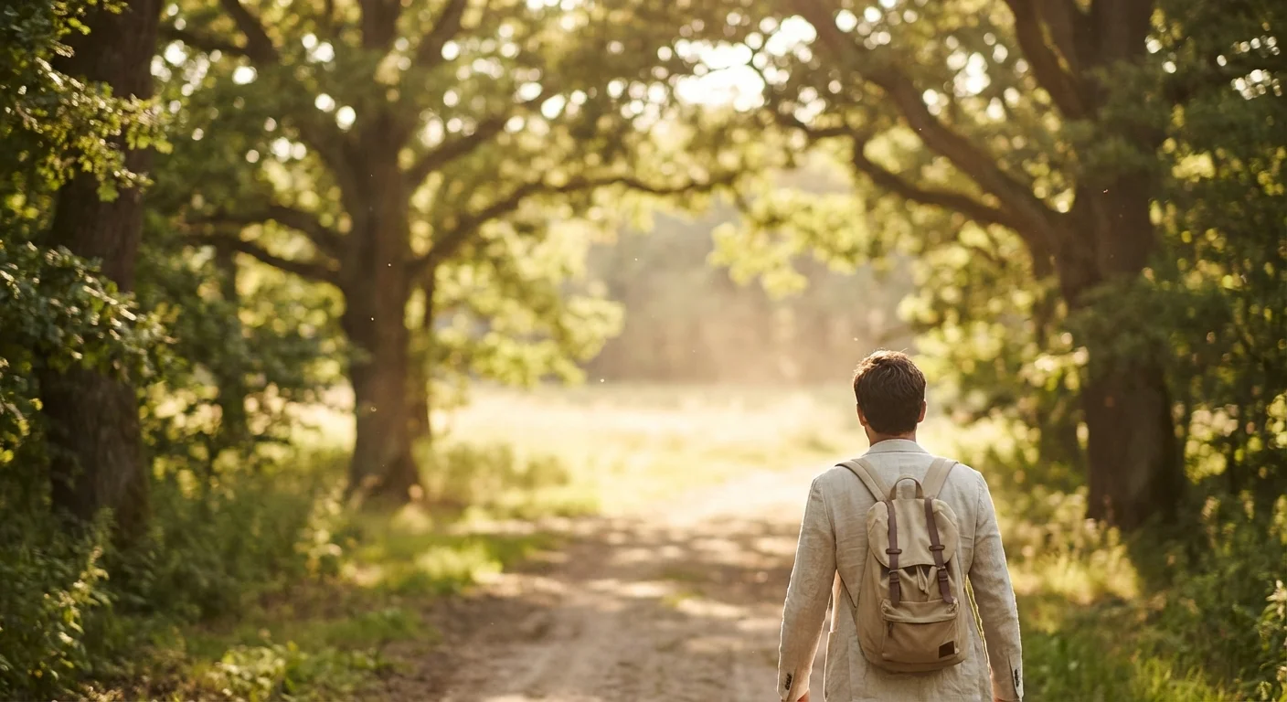 A person walking toward a bright, open horizon in a beautiful park.