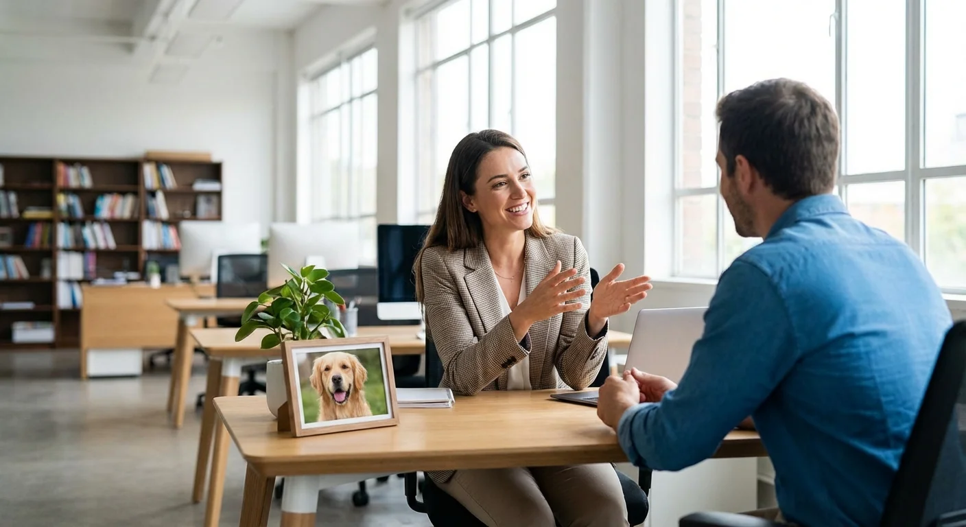 A pet owner talking to a financial professional in a bright office.