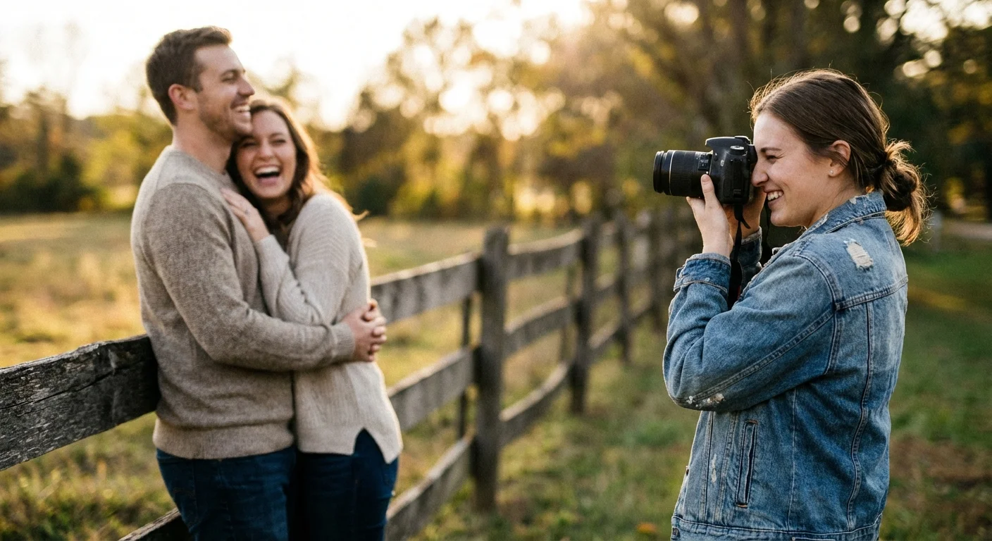 A photographer taking candid photos of a couple in a natural setting.