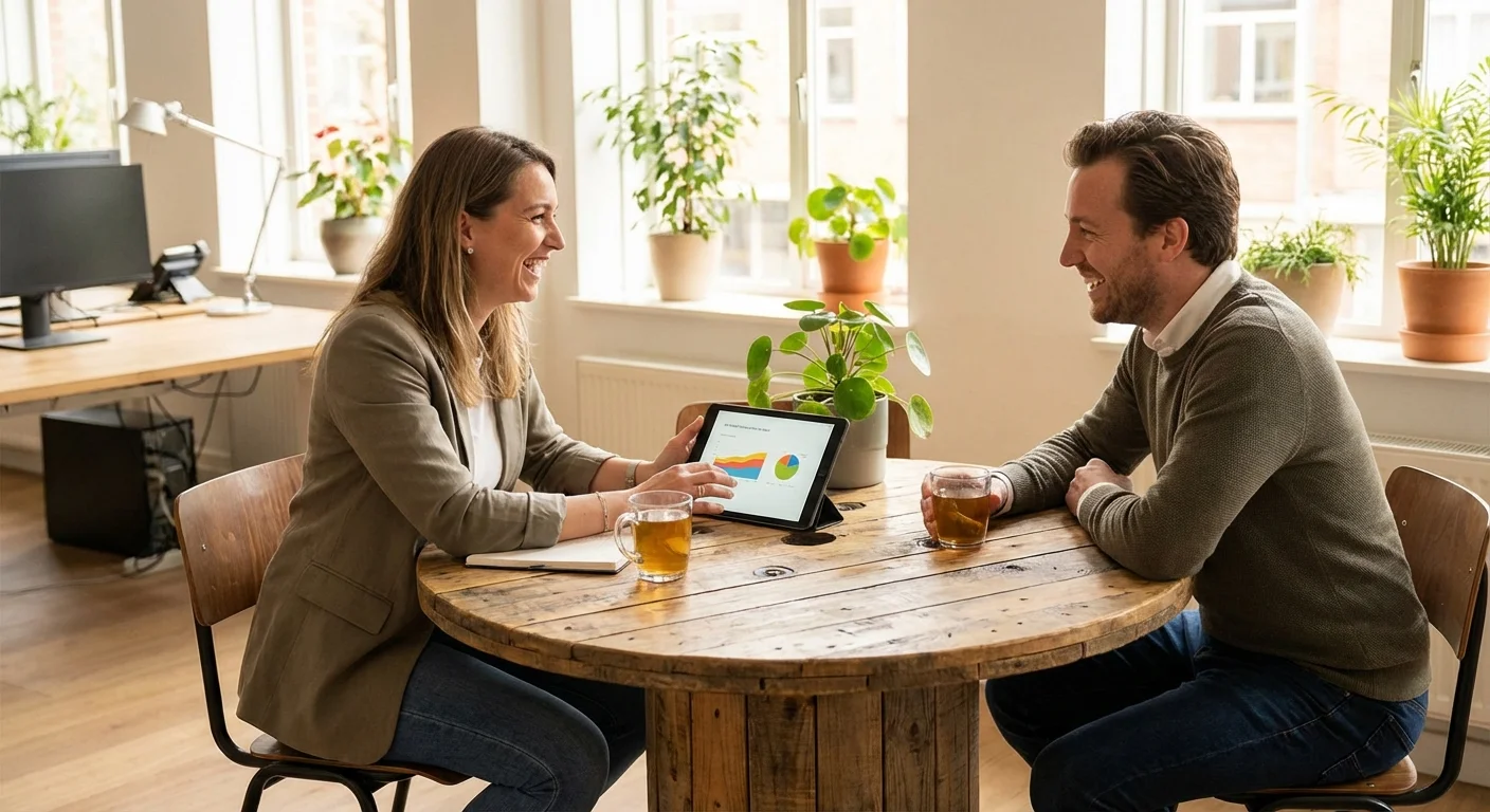 A professional consultant and a client talking over a tablet in a bright office.