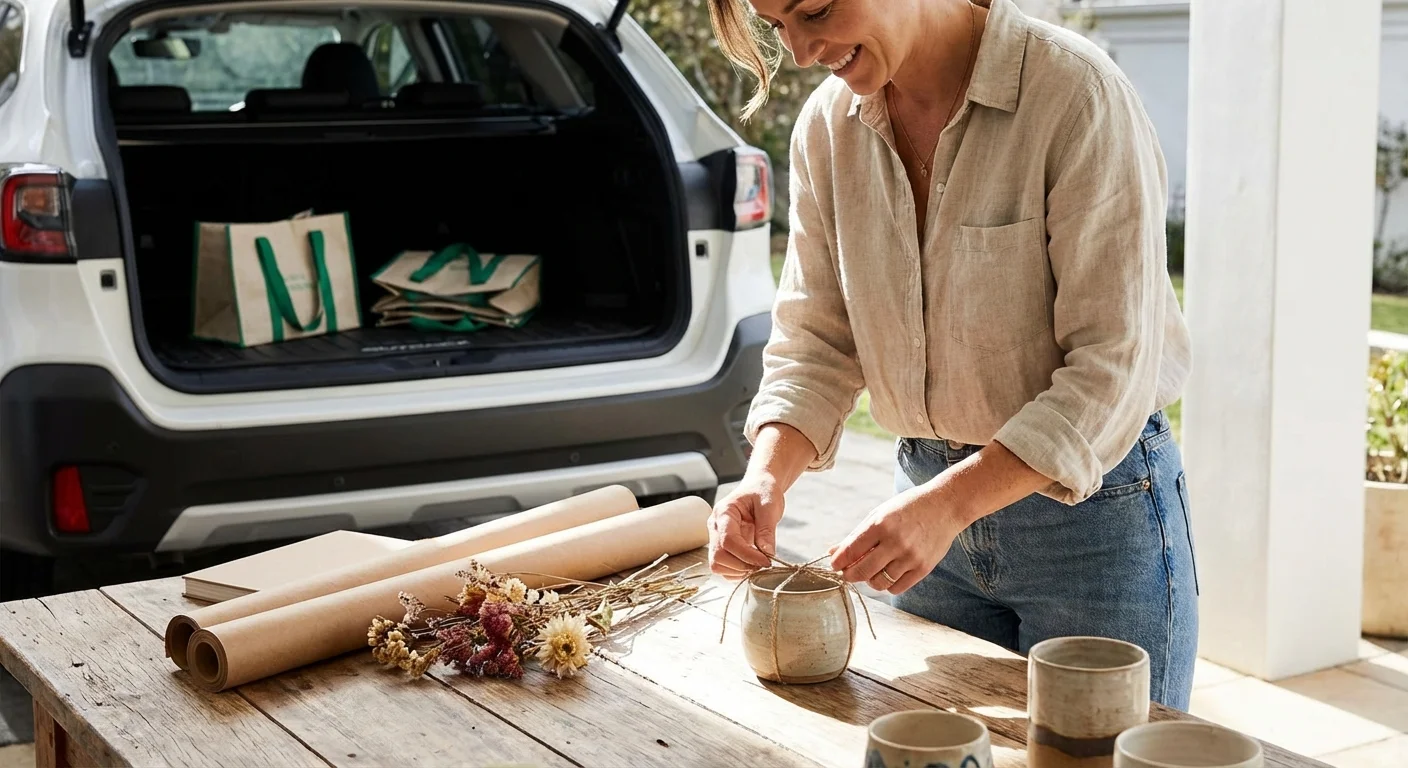 A professional handing a document folder to a client in a bright office.