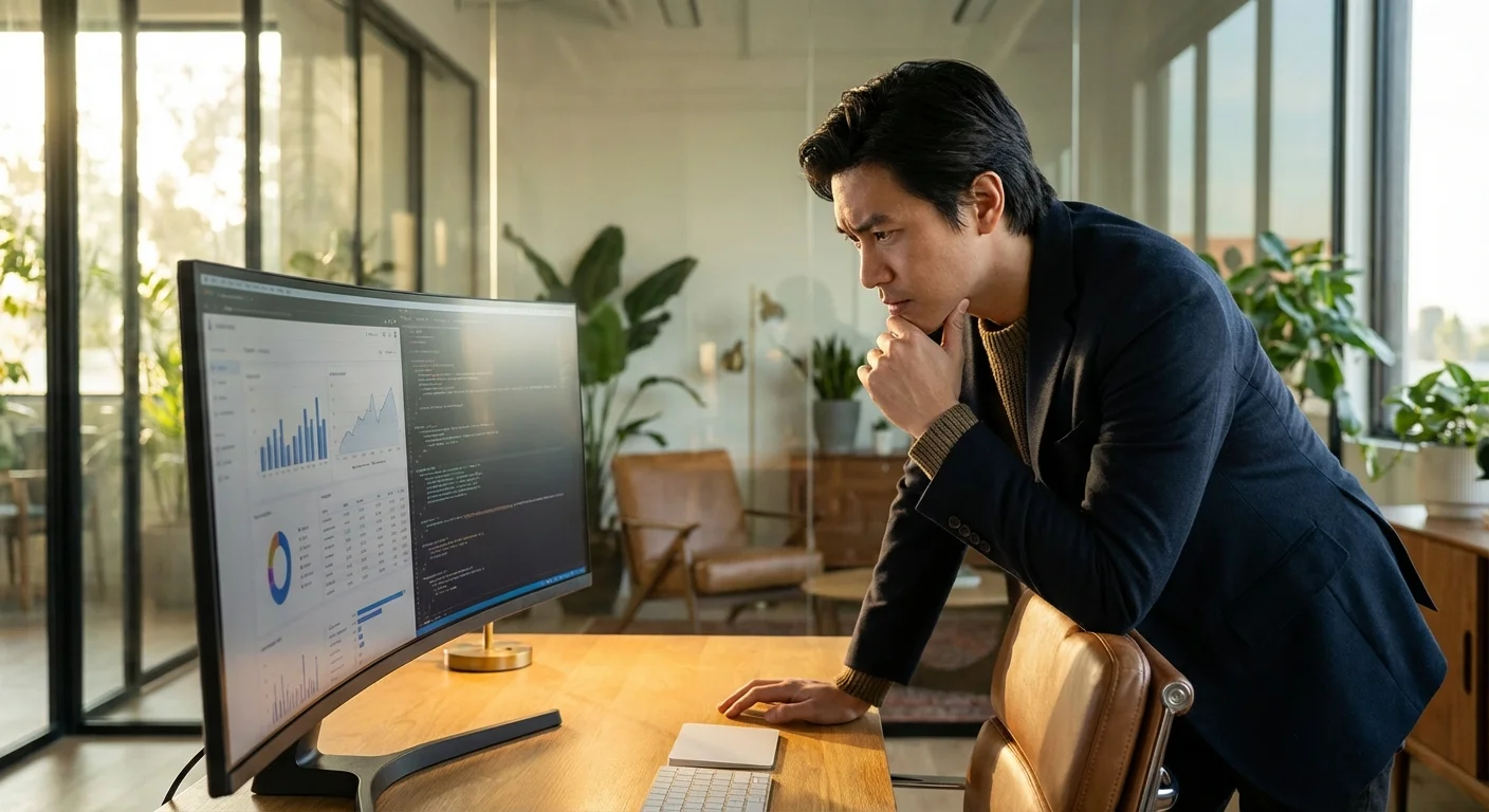 A professional looking focused and analytical at a computer screen.
