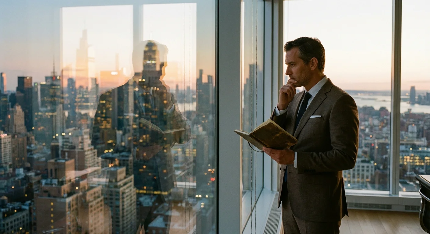 A professional looking out of a large window at a city skyline while holding a notebook.