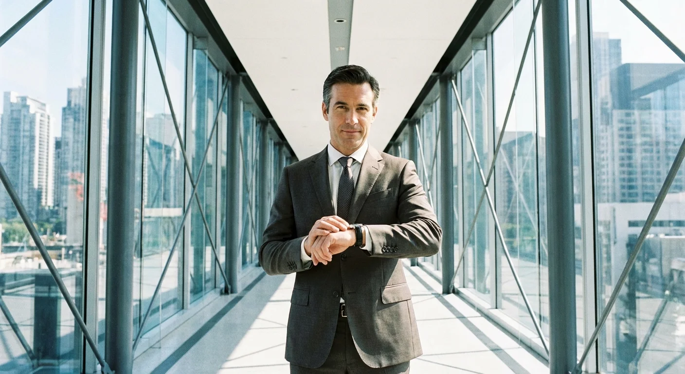 A professional man checking his watch in a bright, modern office hallway.