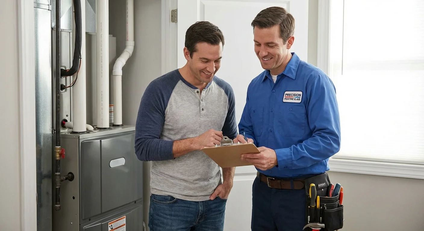 A professional technician explaining furnace repairs to a homeowner.