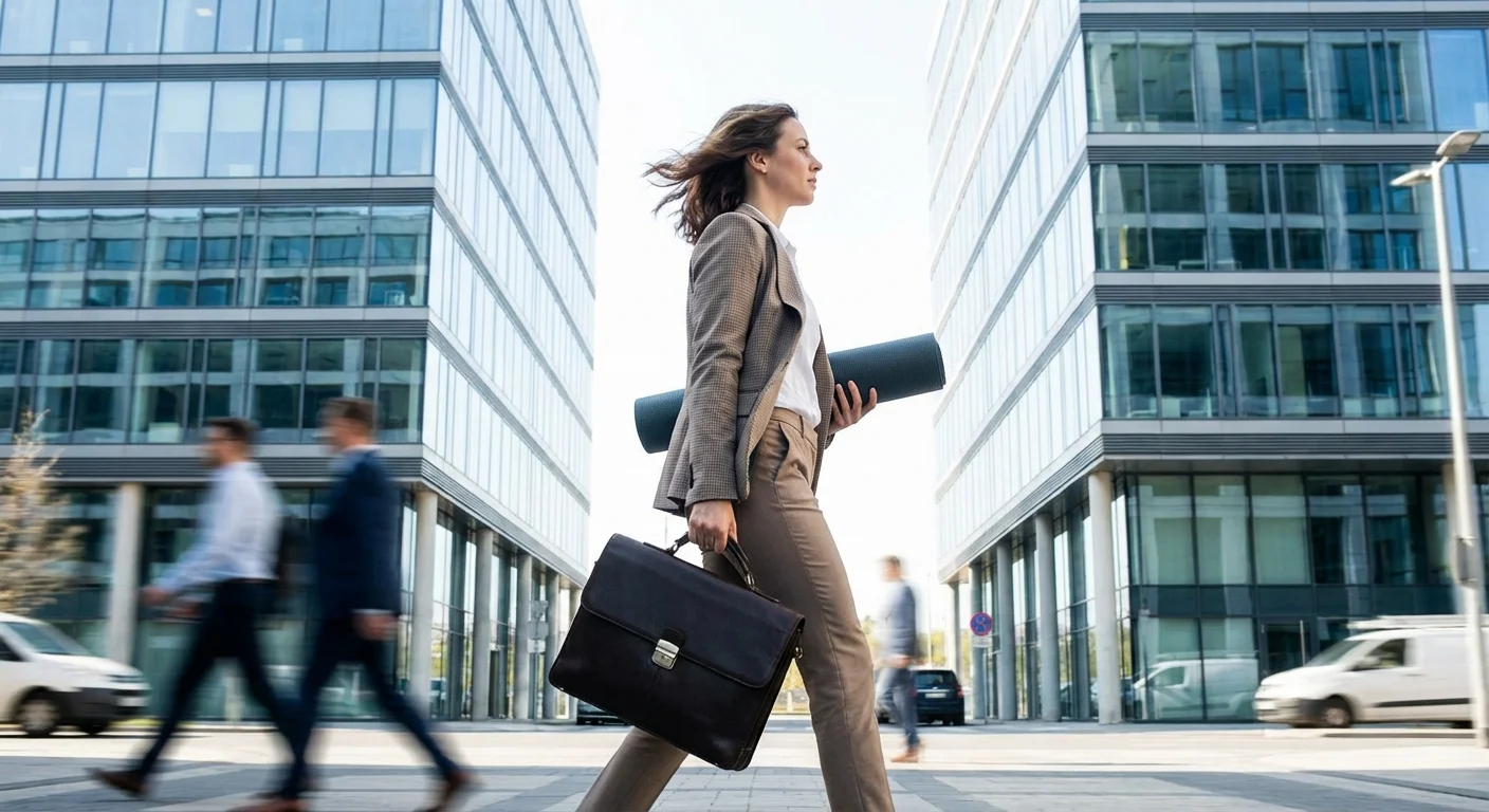 A professional woman walking confidently between modern buildings in a bright city setting.