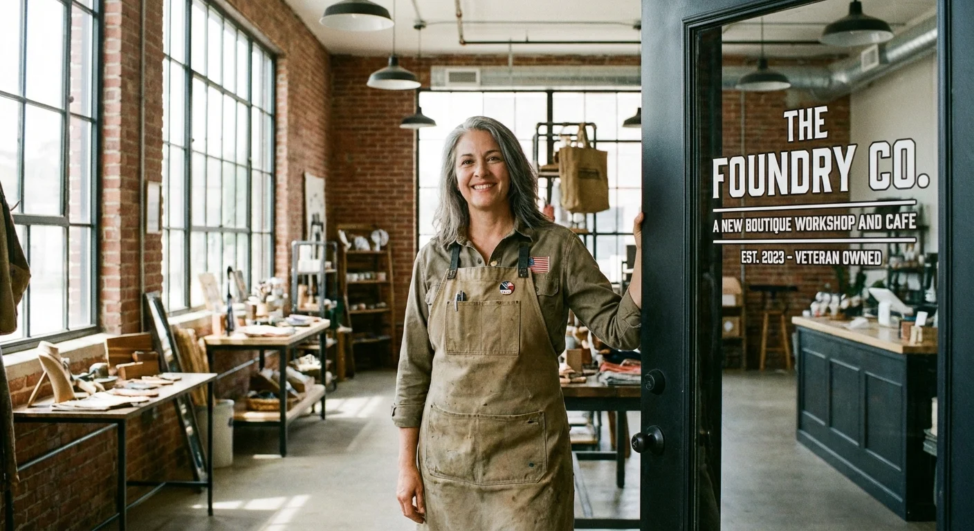 A proud veteran business owner standing in front of their shop.