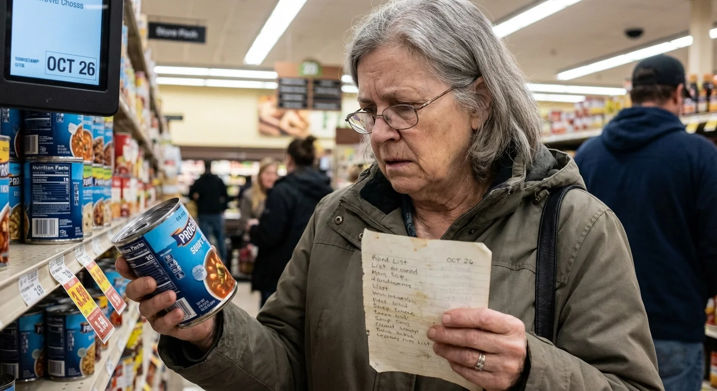 A senior shopper comparing prices in a grocery store aisle.