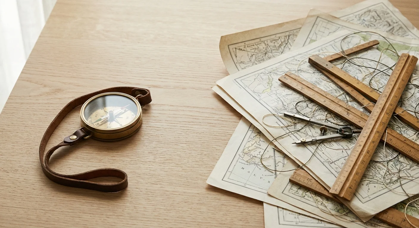 A simple compass next to a mess of maps, representing simple vs complex strategies.