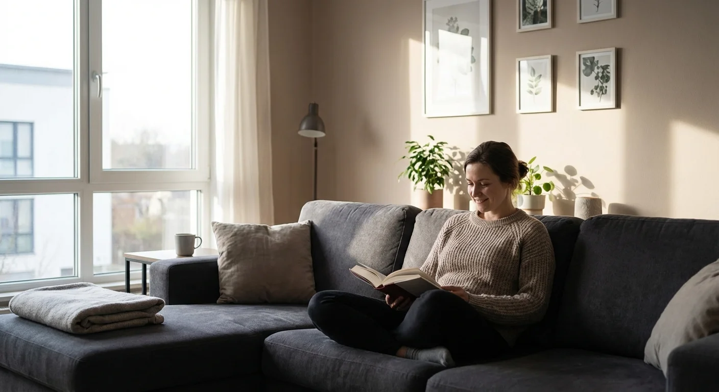 A sleek, clean laptop on a wooden table in soft natural light.
