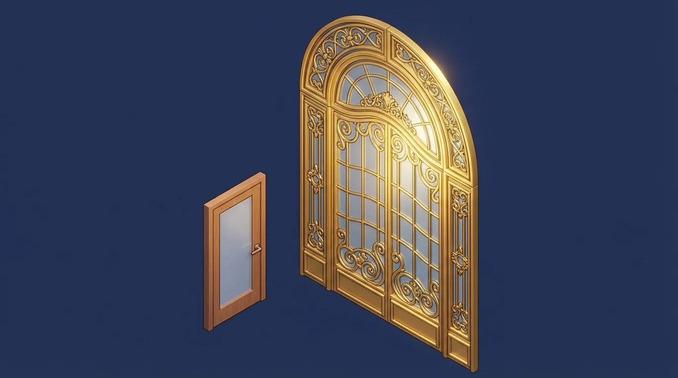 A small 3D door next to a massive golden gateway, illustrating the difference between regular and mega backdoor strategies.