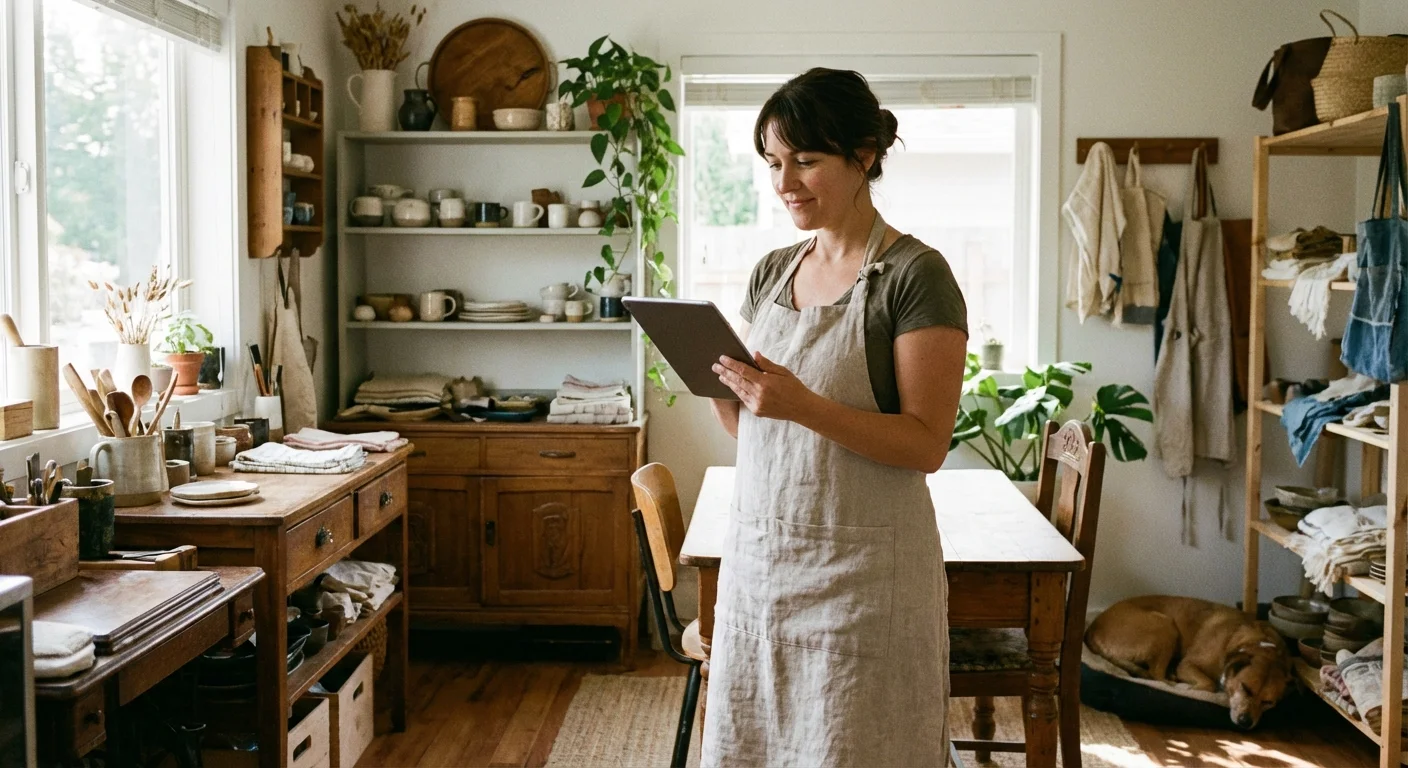 A small business owner checking financial data on a tablet in their workshop.