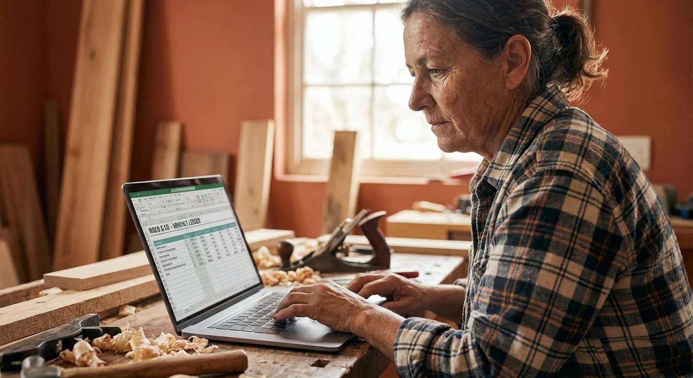 A small business owner reviewing financial records in a sunlit workshop.