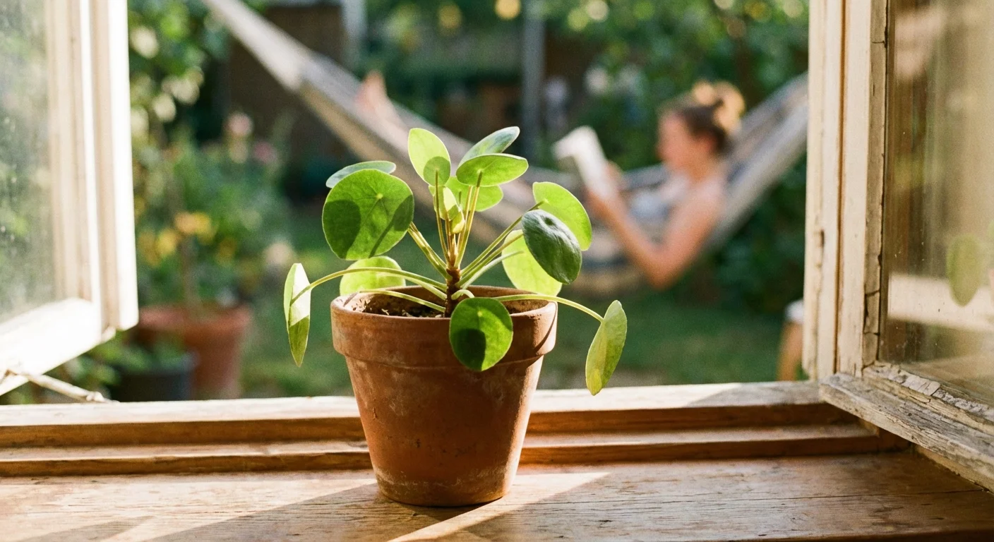 A small green plant growing in the sunlight on a windowsill.