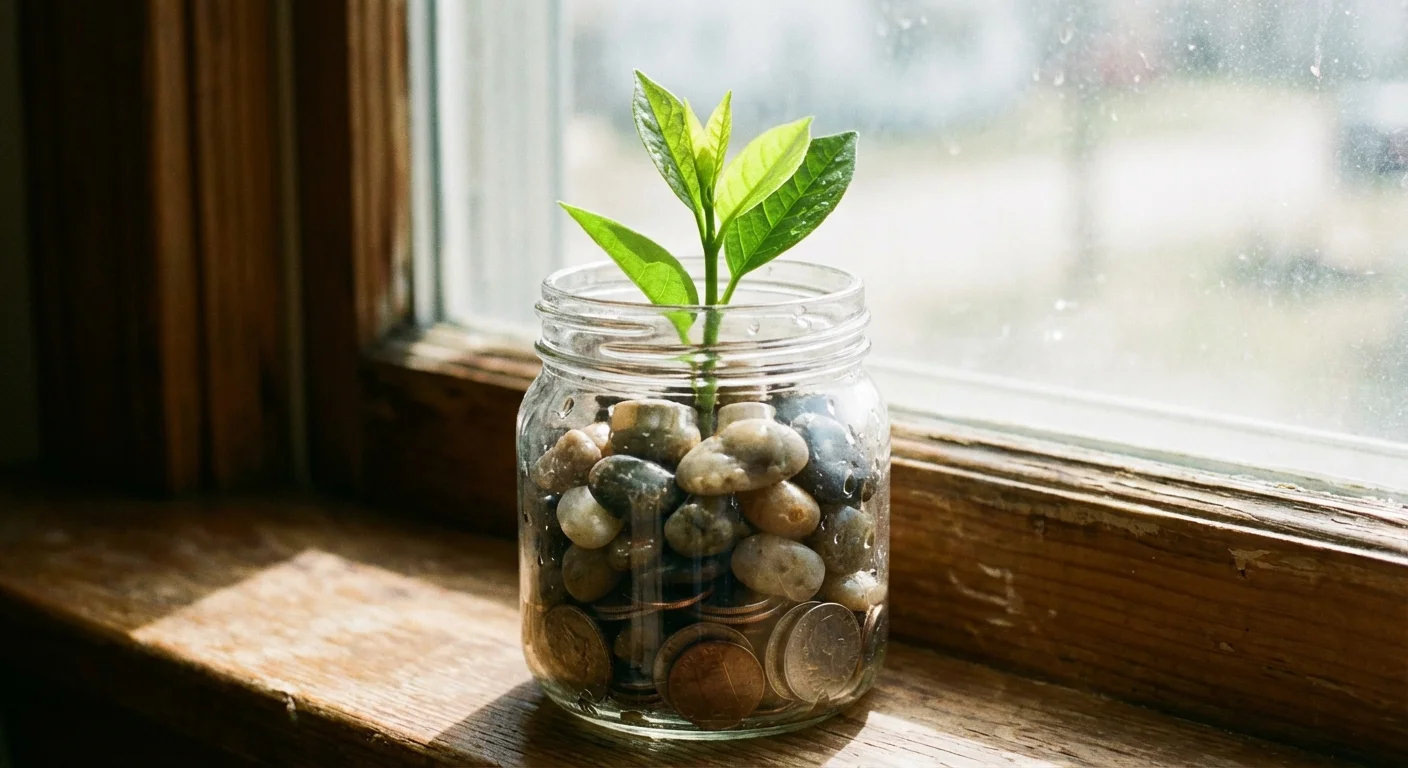 A small green plant growing out of a glass jar, representing financial growth and compounding.