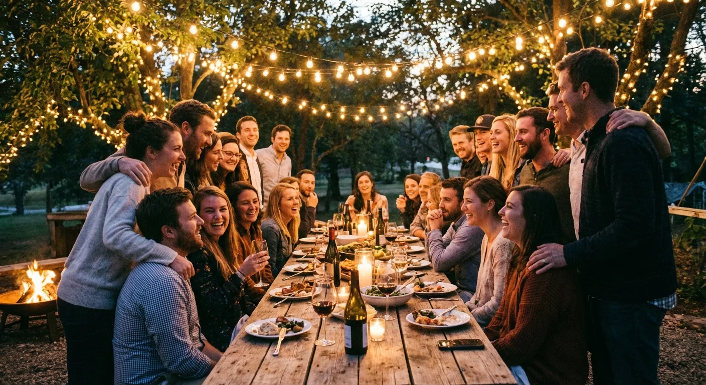 A small group of guests enjoying an intimate outdoor wedding dinner.