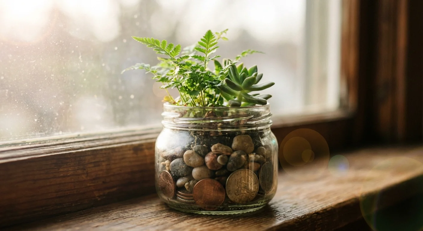A small plant growing in a jar of coins on a sunlit ledge.