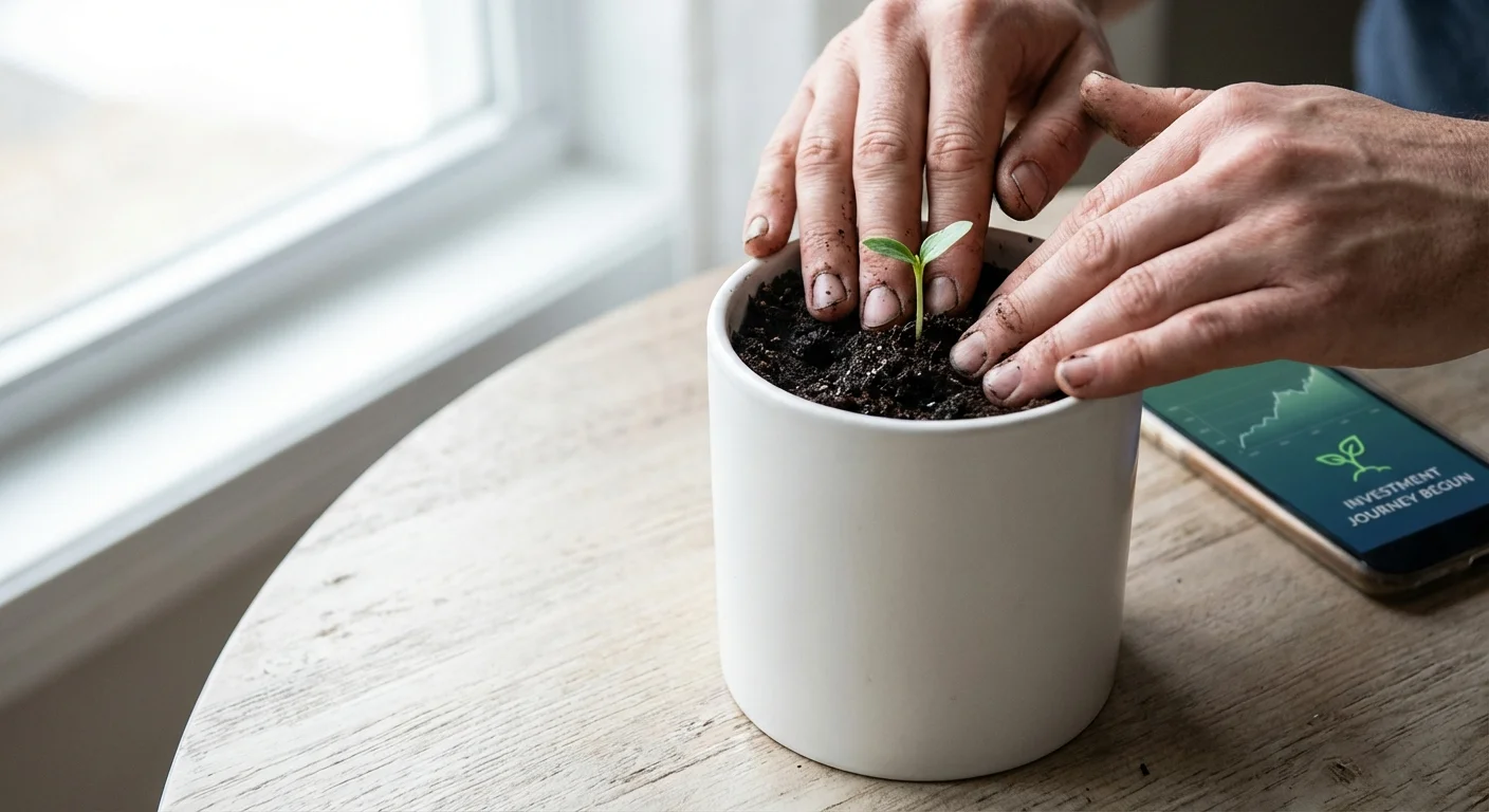 A small plant sprout growing out of gold coins inside a glass jar.