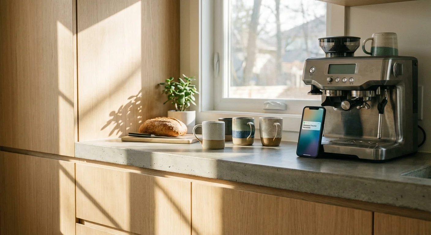 A smartphone on a kitchen counter showing a successful automated transfer notification.