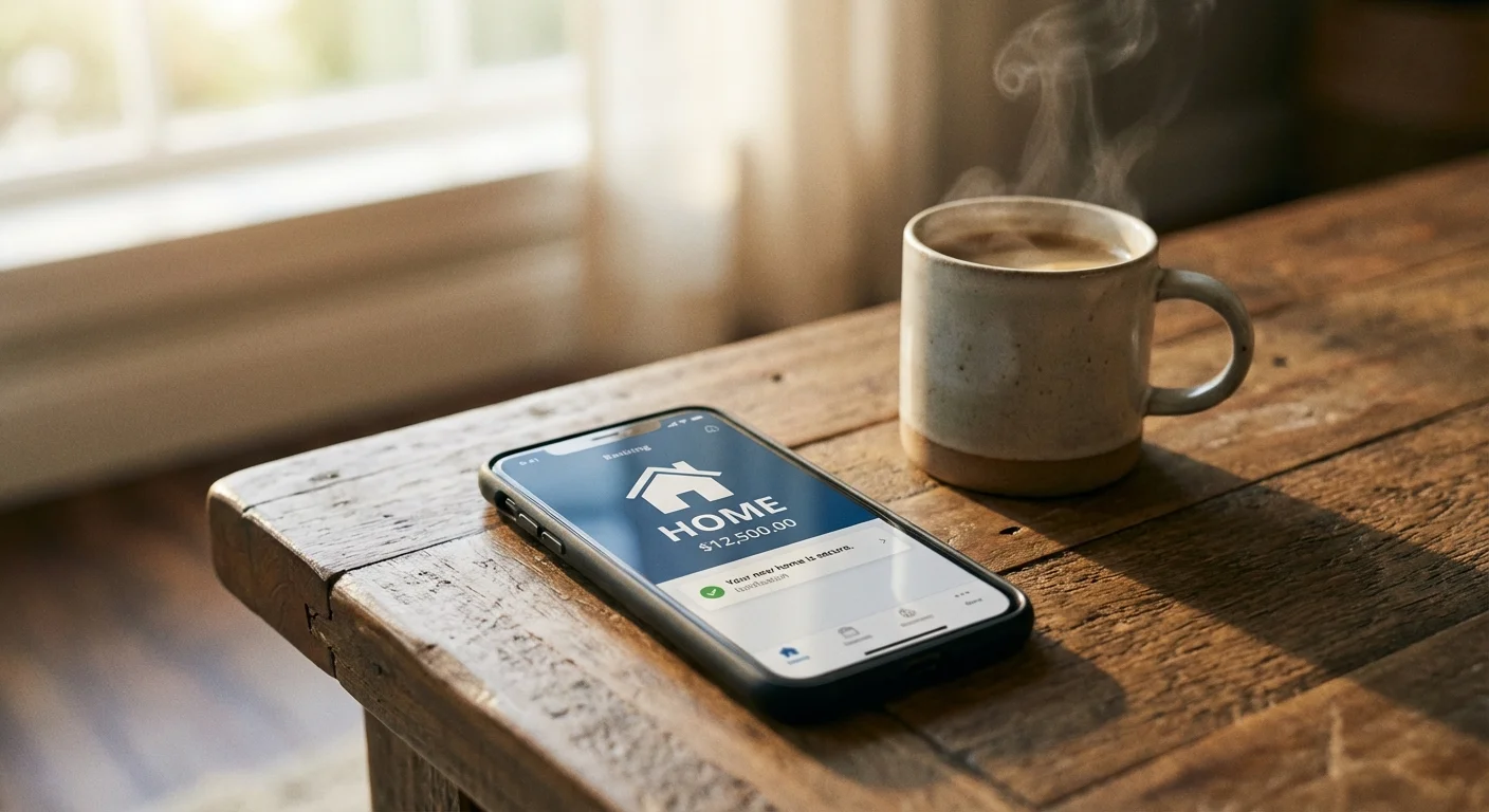 A smartphone showing a banking app next to a coffee cup on a wooden table.