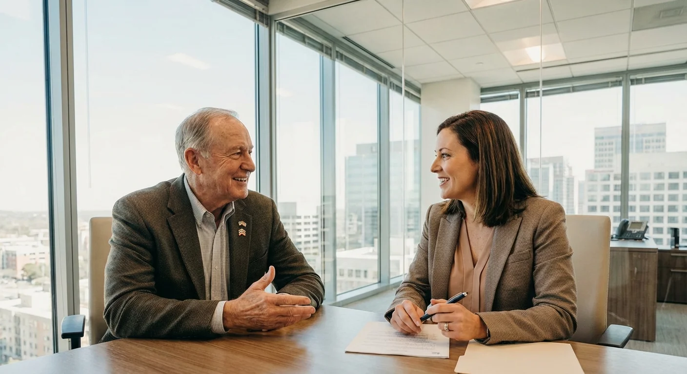 A veteran consulting with a professional advisor in a modern office.