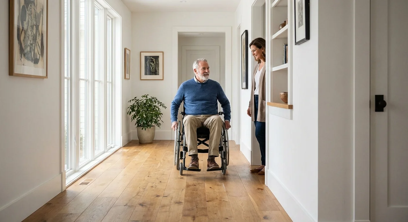 A veteran in a wheelchair navigating an accessible, modern home with a family member.