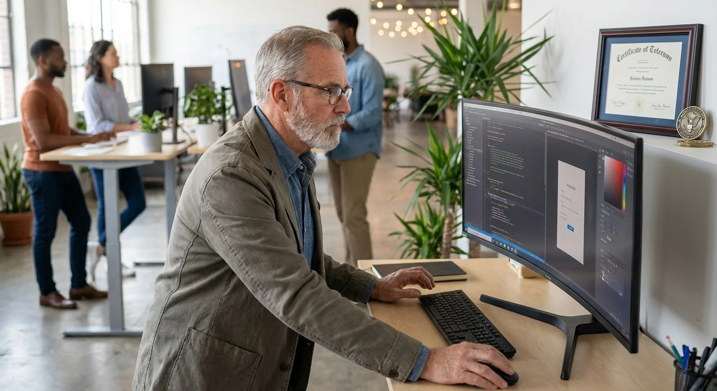 A veteran working in a modern professional office environment.
