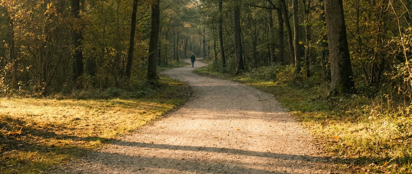 A winding park path transitioning from light to shade, representing a glide path.
