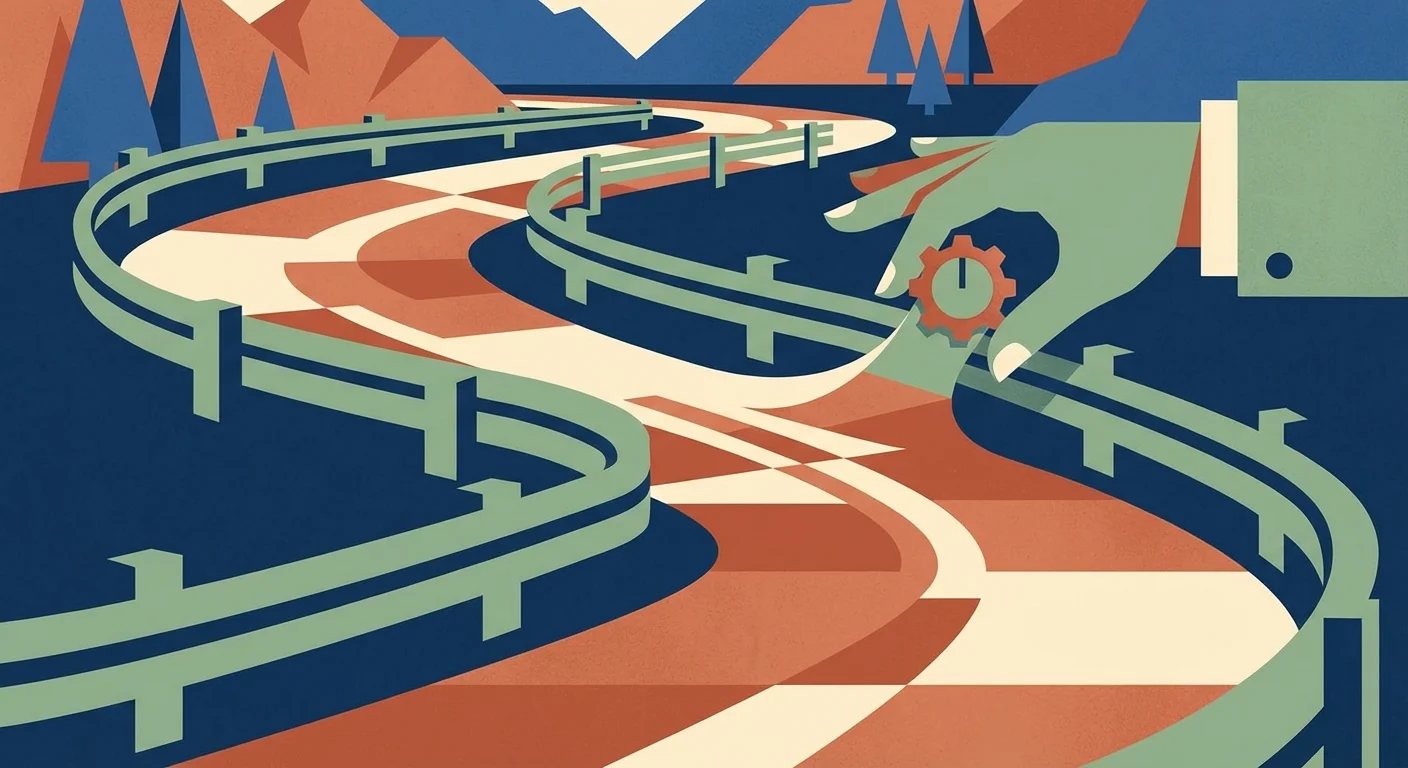 A winding road with green guardrails and a hand adjusting a dial, symbolizing flexible spending.