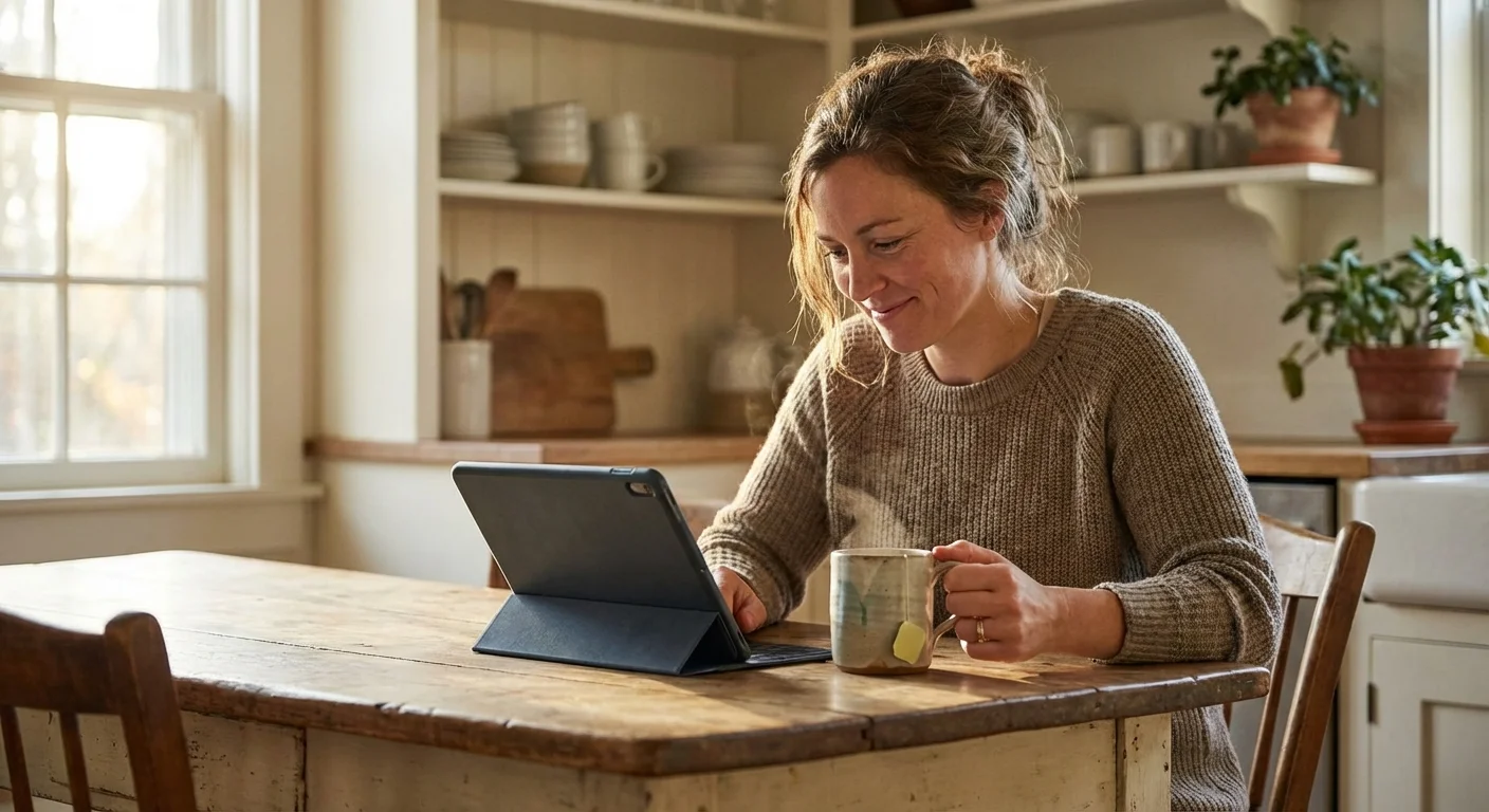 A woman calmly reviewing information on a tablet at her kitchen table in soft morning light.