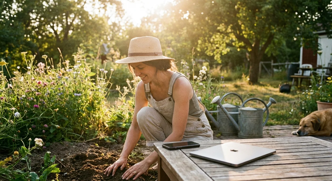 A woman gardening while her technology is put away, showing passive wealth building.