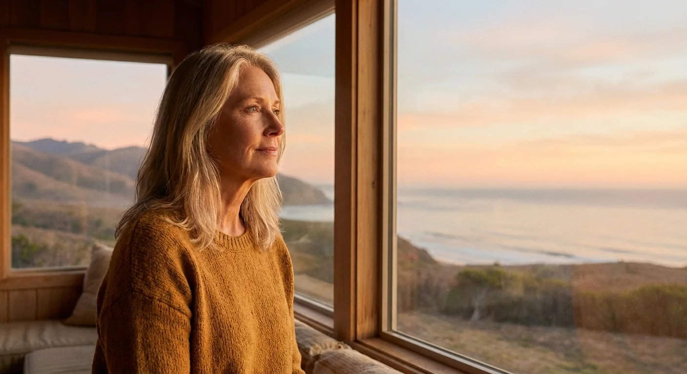 A woman looking out a window at the morning sky, symbolizing future planning.
