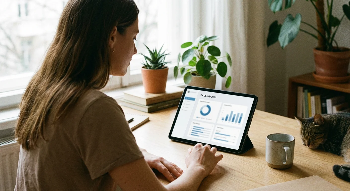 A woman reviewing financial charts and data on a tablet in a home office.