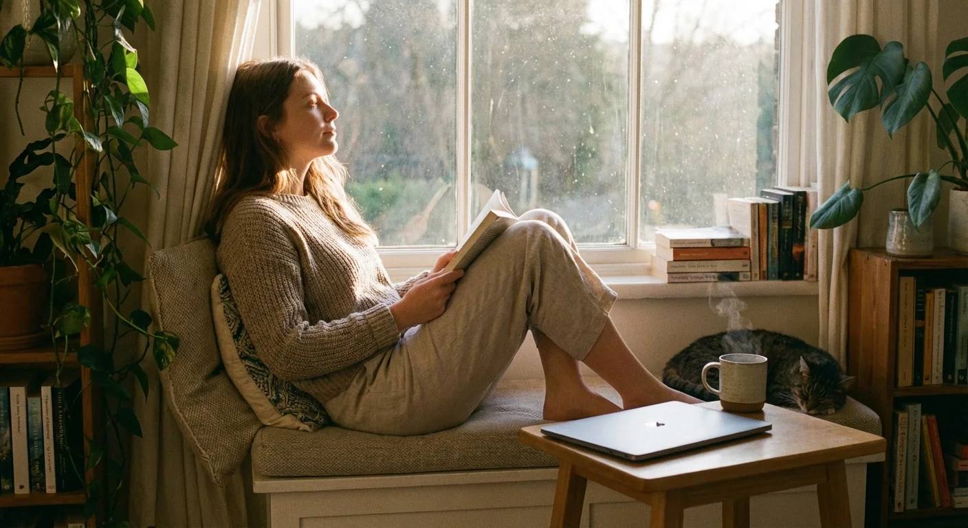 A woman sitting peacefully by a window with a book and a closed laptop.