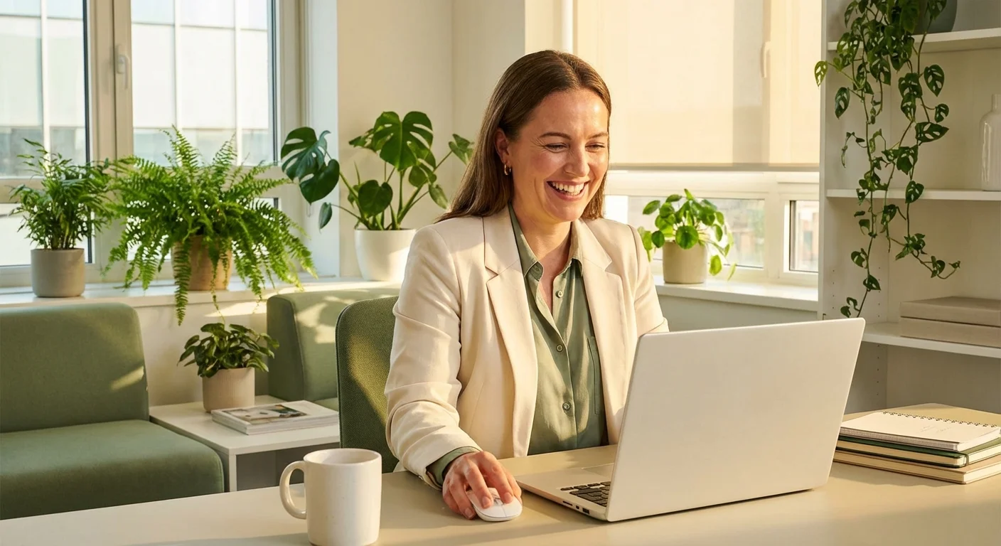 A woman smiling while working on her computer in a bright, modern office.