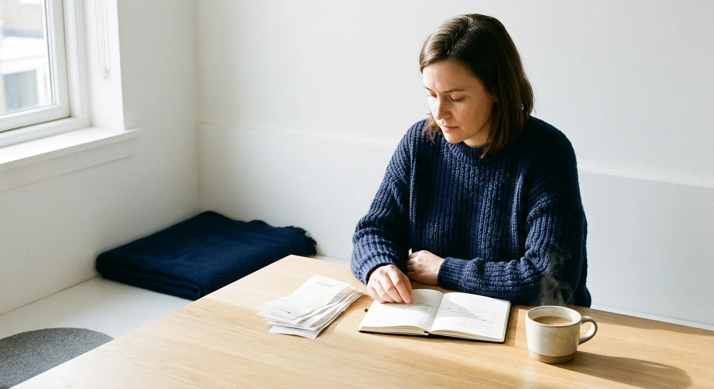 A woman thoughtfully reviewing her monthly expenses at a sunlit wooden table.