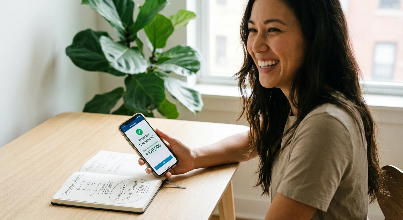 A woman using a banking app to transfer money into a dedicated savings account at her desk.