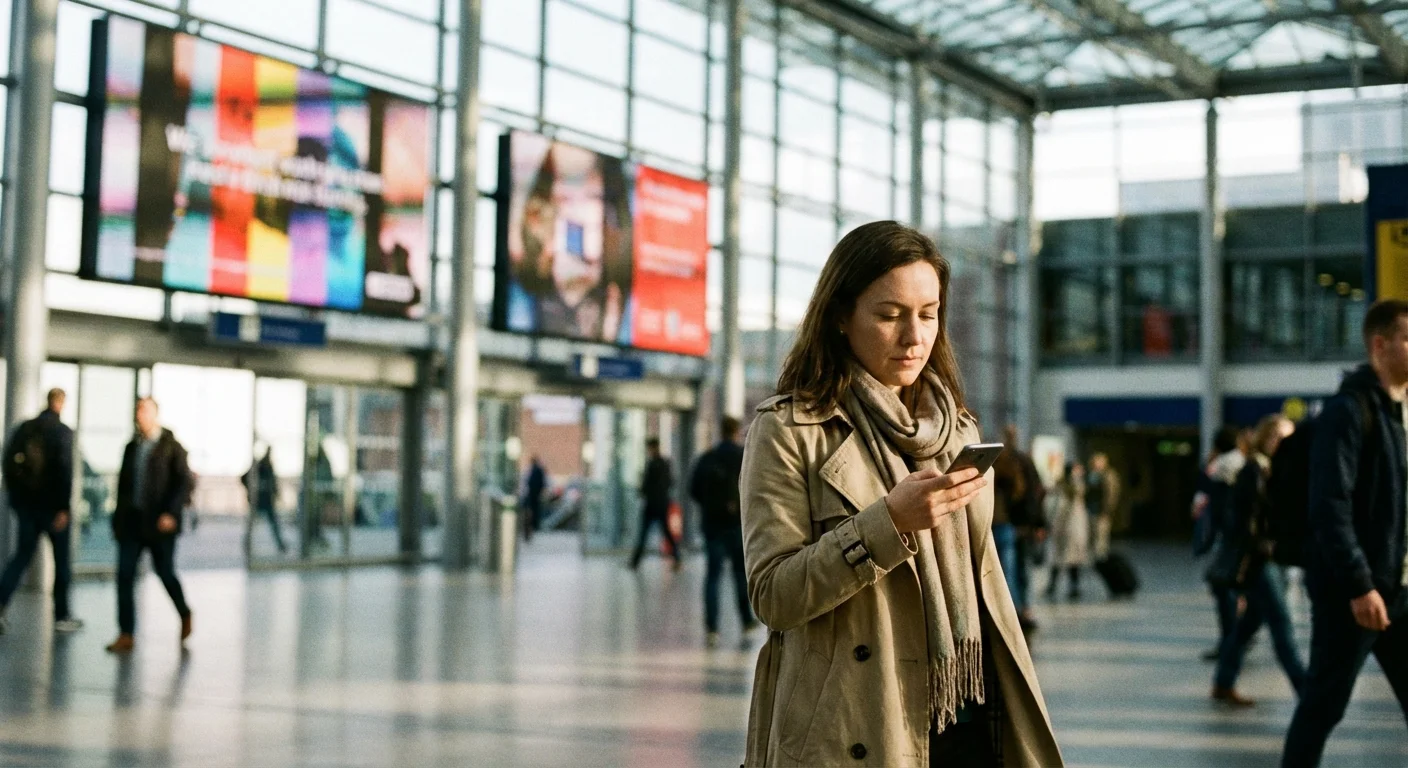 A woman walking past blurred advertisements in a bright, modern building.