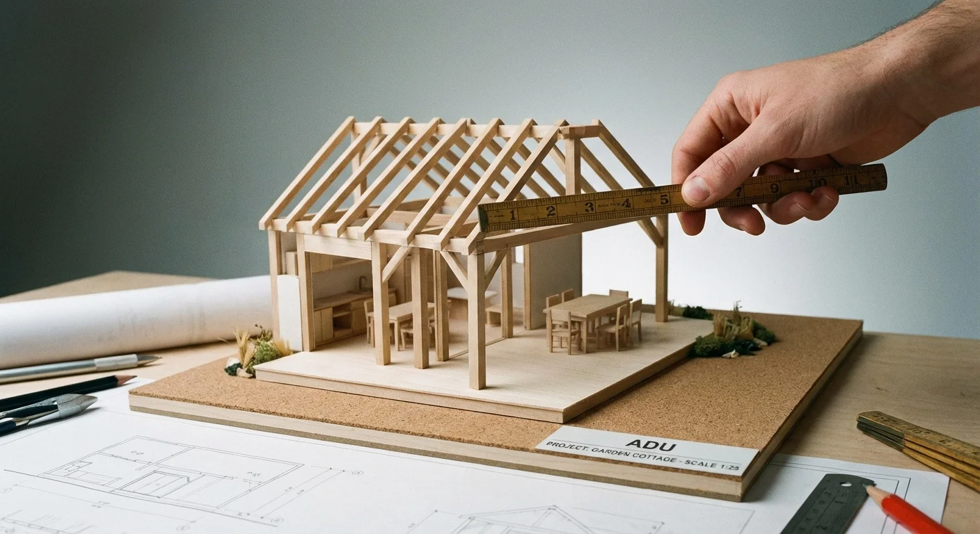 A wooden ruler measuring a small architectural house model.